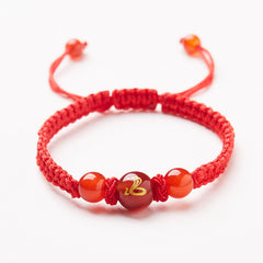 Red Agate Zodiac Red String Bracelet – front view red cord carnelian snake charm, Auspicious