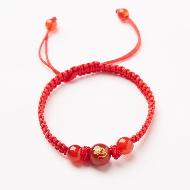 Red Agate Zodiac Red String Bracelet – carnelian beads gold rat zodiac charm, Prosperous