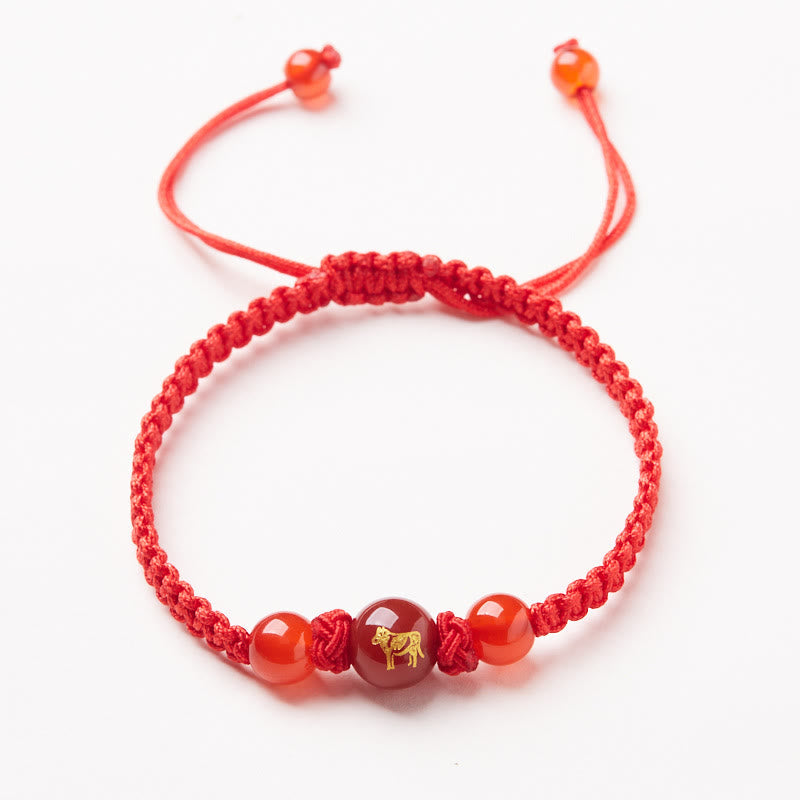 Red Agate Zodiac Red String Bracelet – orange agate beads gold ox zodiac symbol, Fortunate