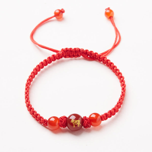 Red Agate Zodiac Red String Bracelet – orange agate beads gold ox zodiac symbol, Fortunate