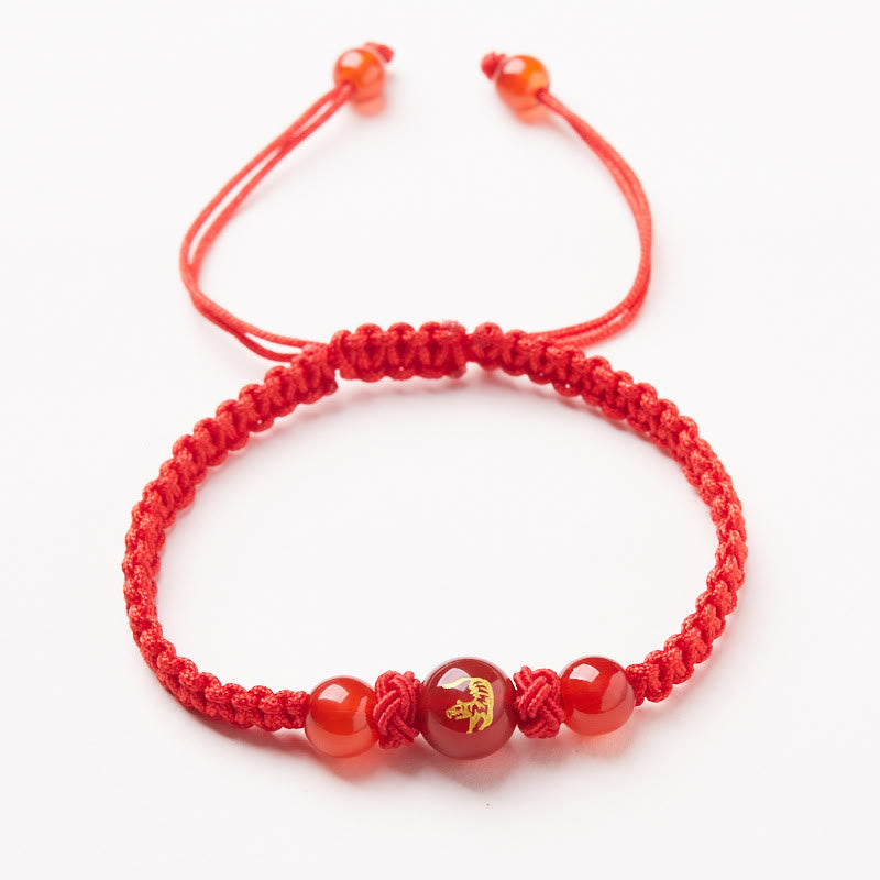 Red Agate Zodiac Red String Bracelet – carnelian beads gold rooster charm white bg, Cultural