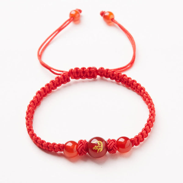 Red Agate Zodiac Red String Bracelet – carnelian beads gold rooster charm white bg, Cultural