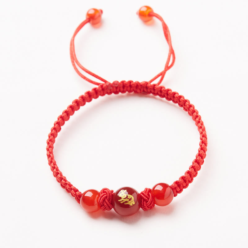 Red Agate Zodiac Red String Bracelet – gold prosperity symbol carnelian pull-tie, Abundant