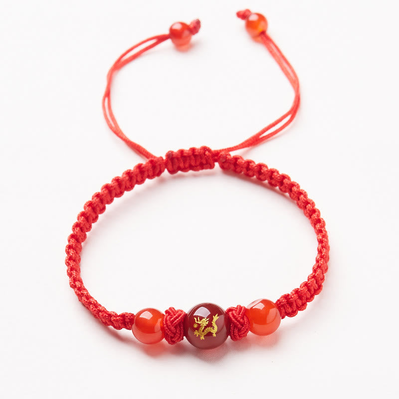 Red Agate Zodiac Red String Bracelet – gold dragon charm carnelian beads white bg, Majestic