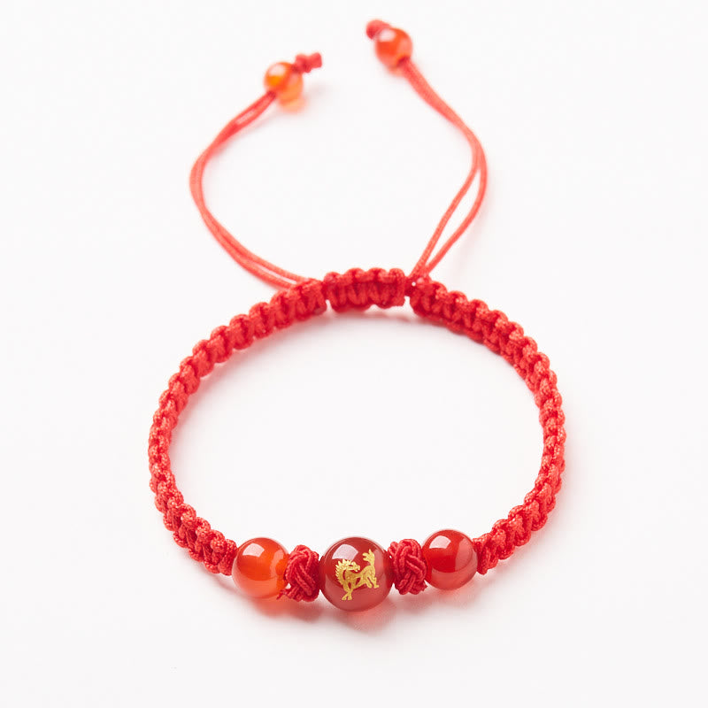 Red Agate Zodiac Red String Bracelet – gold zodiac rooster engraving carnelian, Traditional
