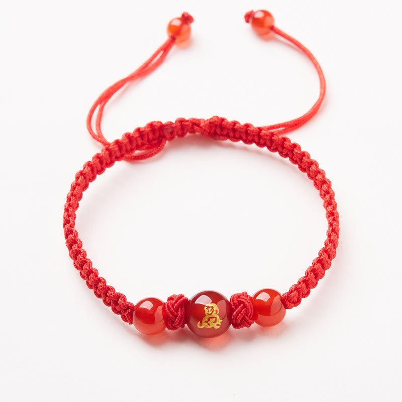 Red Agate Zodiac Red String Bracelet – gold fortune character carnelian three beads, Blessed