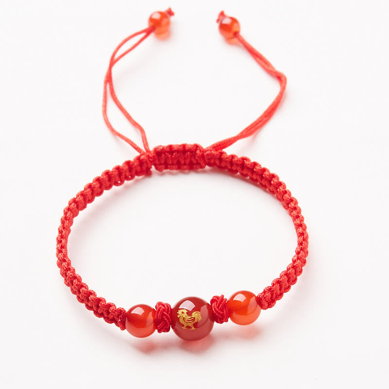 Red Agate Zodiac Red String Bracelet – gold rooster zodiac orange carnelian cord, Festive