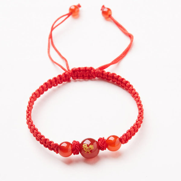 Red Agate Zodiac Red String Bracelet – gold rooster zodiac orange carnelian cord, Festive