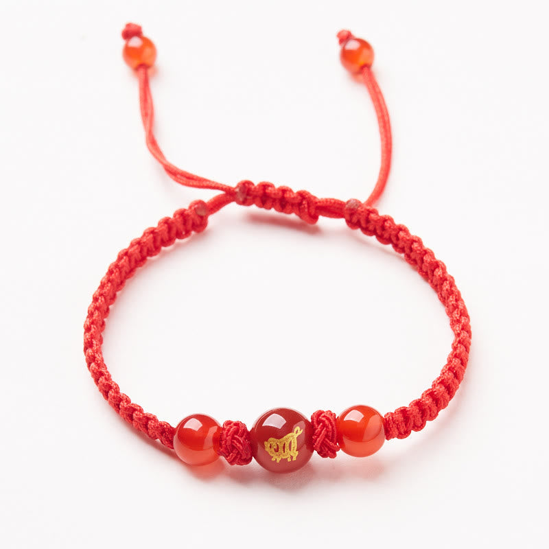 Red Agate Zodiac Red String Bracelet – gold ox zodiac carnelian pull-tie white bg, Strong