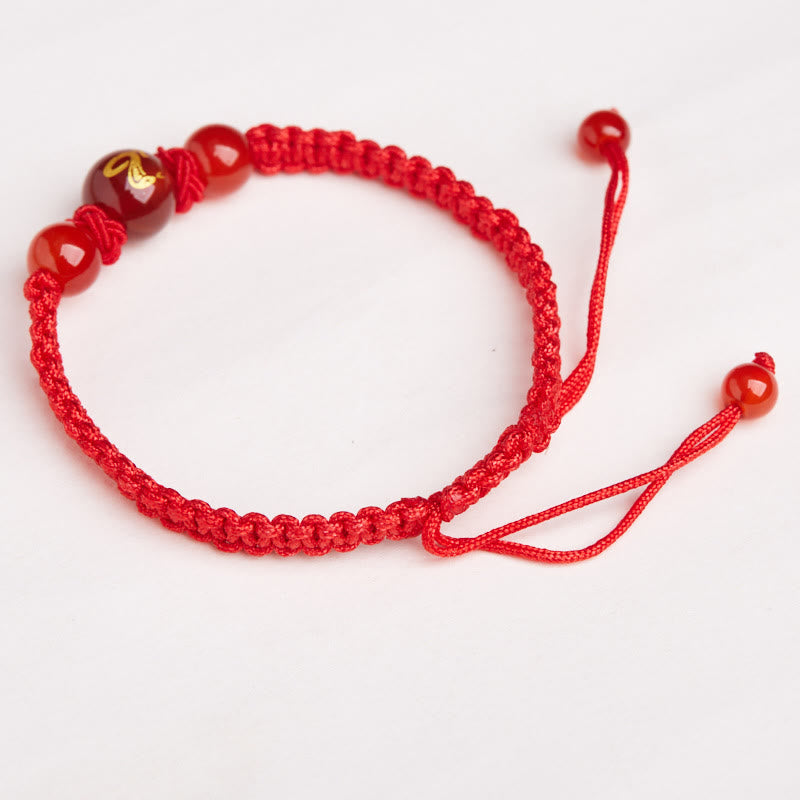Red Agate Zodiac Red String Bracelet – angled top view gold character charm beads, Spiritual