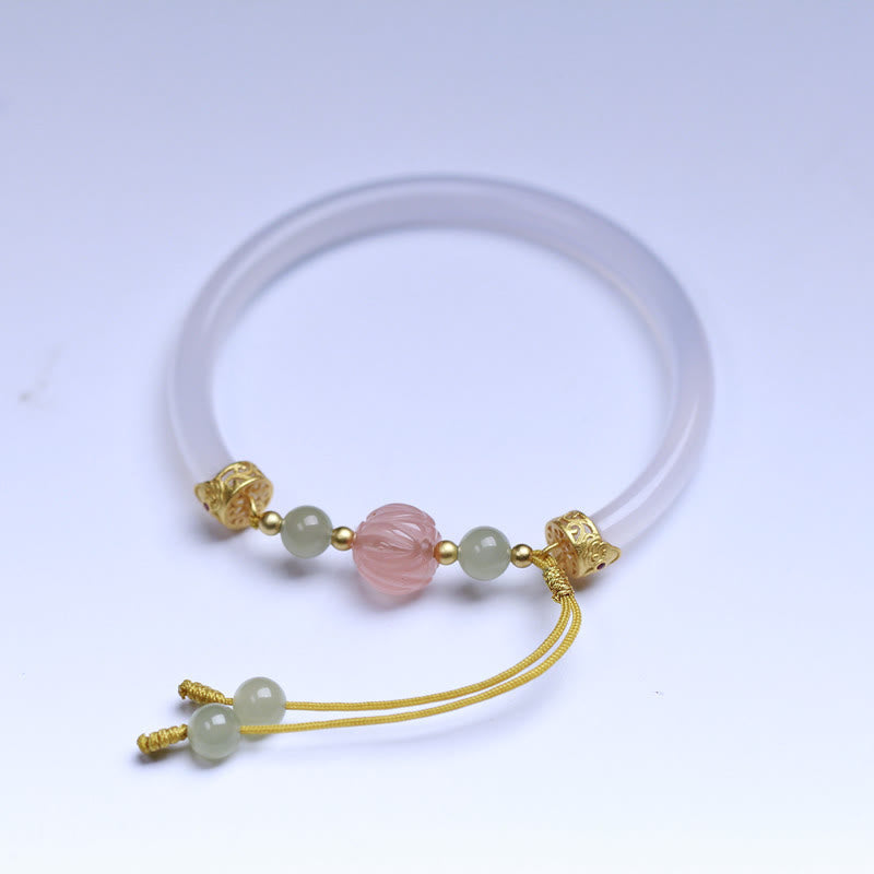 White Agate Lotus Hetian Jade Bracelet – pink lotus carved bead on lavender jade band, balanced