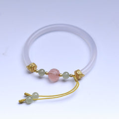 White Agate Lotus Hetian Jade Bracelet – pink lotus carved bead on lavender jade band, balanced