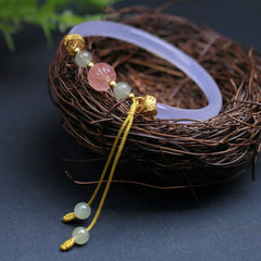 White Agate Lotus Hetian Jade Bracelet – open jade bangle with pink lotus in woven nest, pure