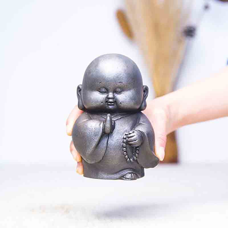 Little Monk Iron Powder Resin Statue – handmade casting mold marks, authentic artisan production