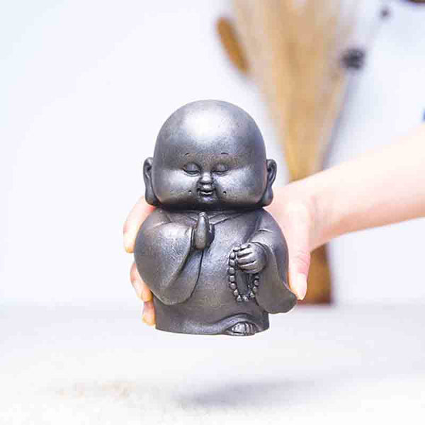 Little Monk Iron Powder Resin Statue – handmade casting mold marks, authentic artisan production