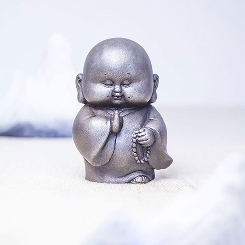 Little Monk Iron Powder Resin Statue – with teacup size comparison, palm-sized miniature art