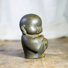 Little Monk Iron Powder Resin Statue – hands in prayer position, novice monk welcoming gesture