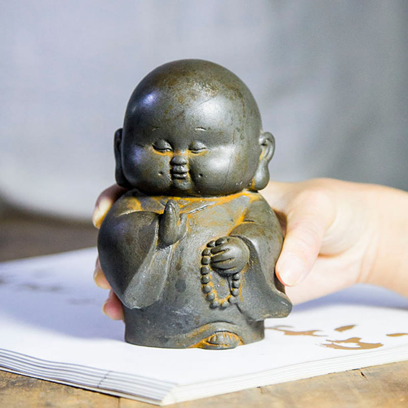 Little Monk Iron Powder Resin Statue – back view showing shaved head dot, monk initiation mark