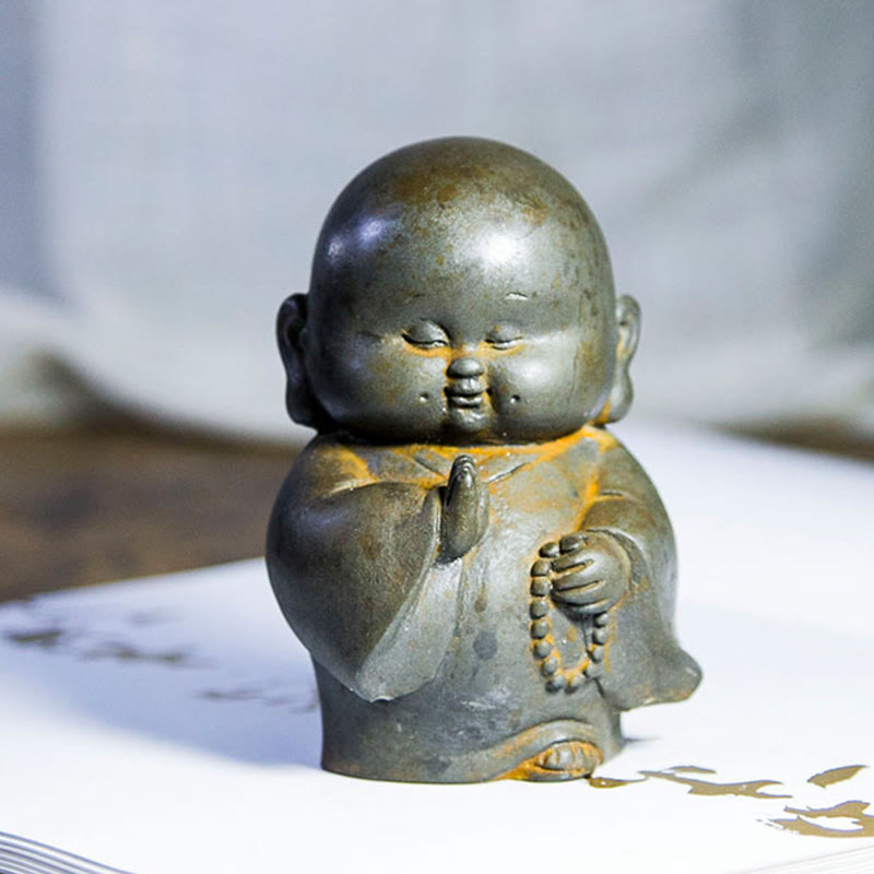 Little Monk Iron Powder Resin Statue – packaged in gift box with cushion insert, ready to present