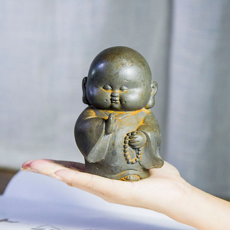 Little Monk Iron Powder Resin Statue – iron powder rust patina on robe, textured handmade finish