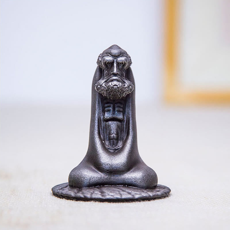 Bodhidharma Iron Powder Resin Statue – with incense burner companion set, complete altar display