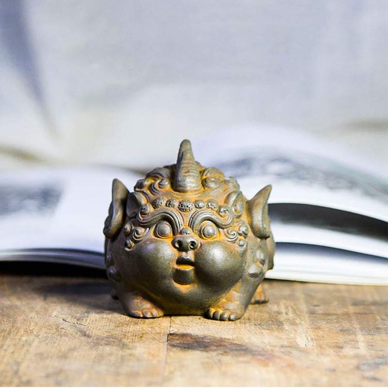 Handmade PiXiu Iron Powder Rust Cast Resin Wealth Statue – Front view with open book behind, rust patina cast resin statue