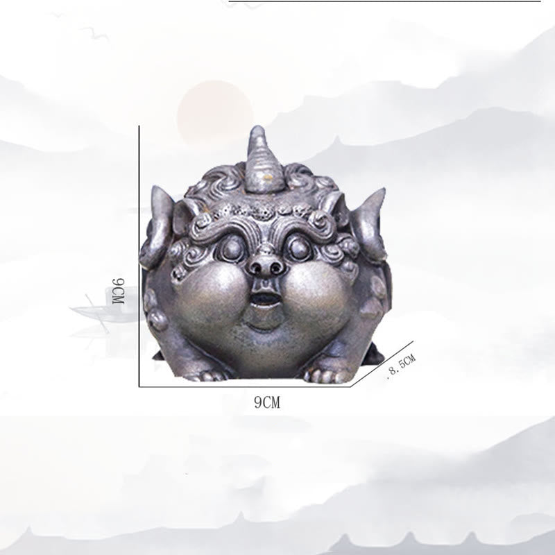 Handmade PiXiu Iron Powder Rust Cast Resin Wealth Statue – Silver PiXiu with measurement lines 9CM by 8.5CM size spec