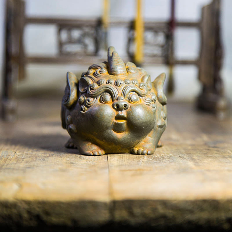 Handmade PiXiu Iron Powder Rust Cast Resin Wealth Statue – Rusted PiXiu with traditional Chinese furniture backdrop classic