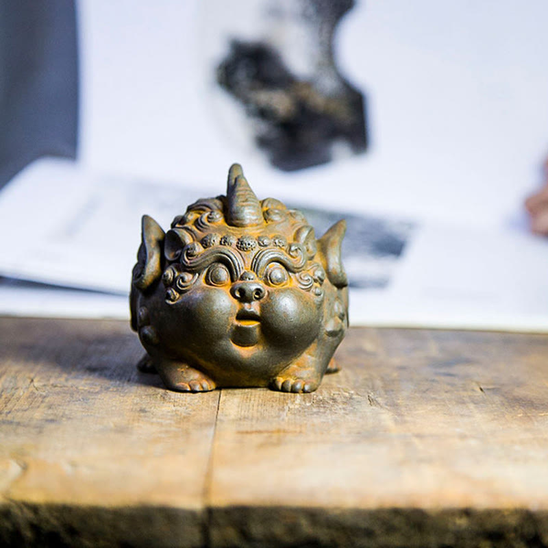 Handmade PiXiu Iron Powder Rust Cast Resin Wealth Statue – Rusted PiXiu on wood with ink wash painting background oriental