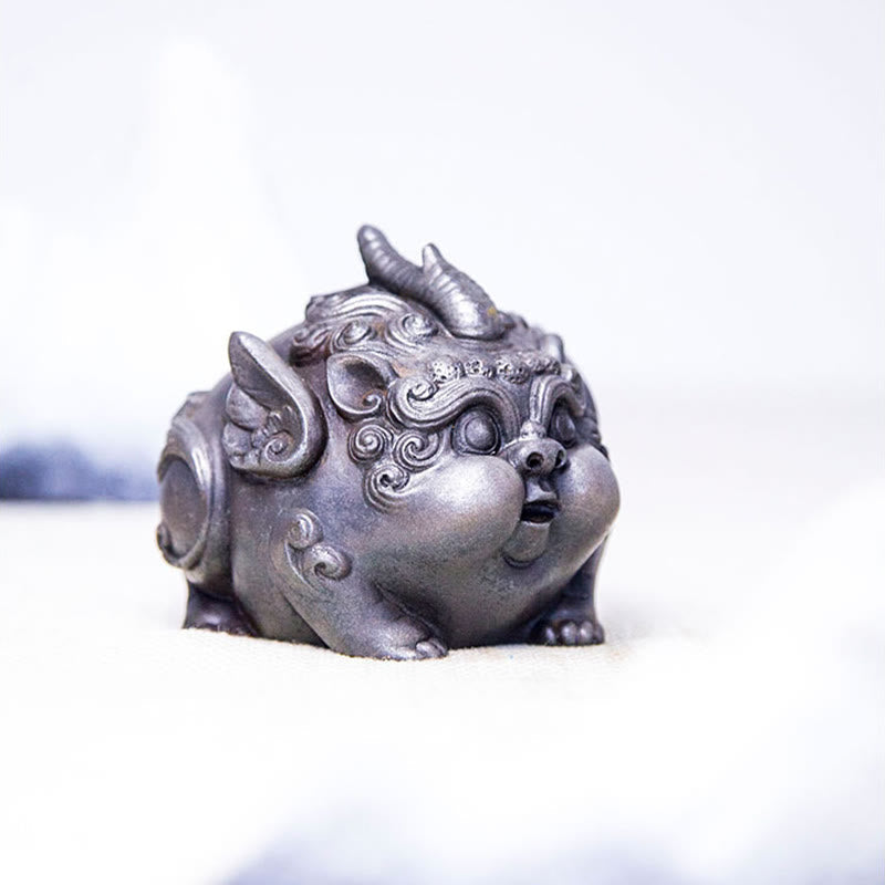 Handmade PiXiu Iron Powder Rust Cast Resin Wealth Statue – Side perspective of silver PiXiu emphasizing chubby body legs