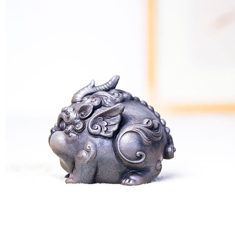 Handmade PiXiu Iron Powder Rust Cast Resin Wealth Statue – Three-quarter side of silver PiXiu metallic texture highlight