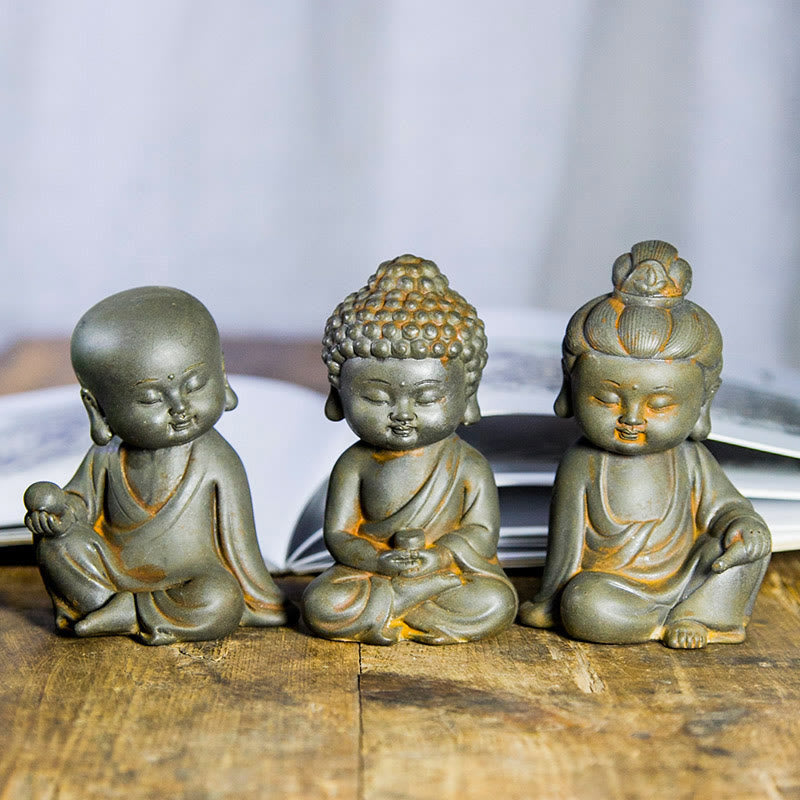 Ksitigarbha Guanyin Tathagata Statue Set – three resin statues on wooden shelf, iron powder rust finish