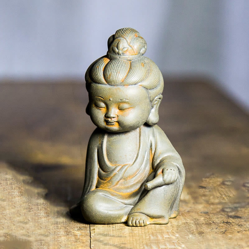 Ksitigarbha Guanyin Tathagata Statue Set – displayed on home altar with candles, spiritual corner decor