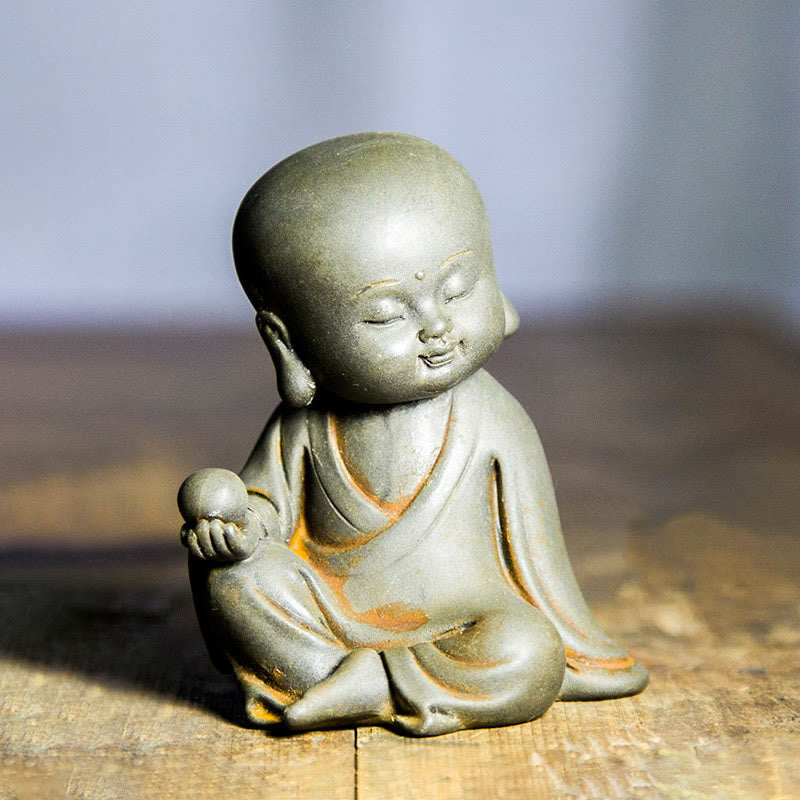 Ksitigarbha Guanyin Tathagata Statue Set – Ksitigarbha Bodhisattva detail, monk staff and jewel orb