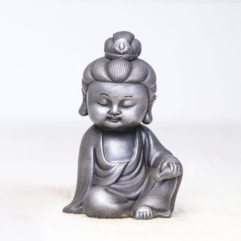 Ksitigarbha Guanyin Tathagata Statue Set – meditation room arrangement with incense and singing bowl