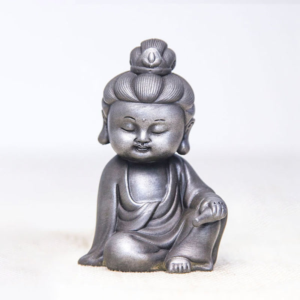 Ksitigarbha Guanyin Tathagata Statue Set – meditation room arrangement with incense and singing bowl