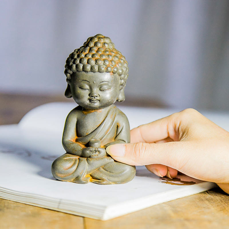 Ksitigarbha Guanyin Tathagata Statue Set – statue set on glass table with orchid plant, zen interior