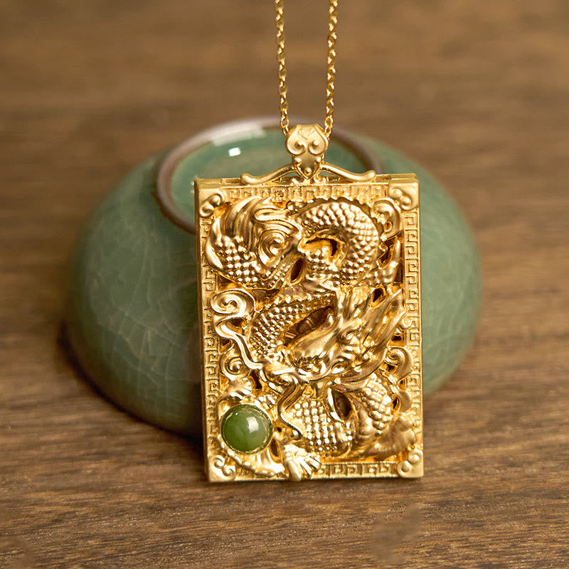 Dragon Hetian Jade Necklace | Strength – coiled dragon plaque on jade-green crackle glaze pot, traditional