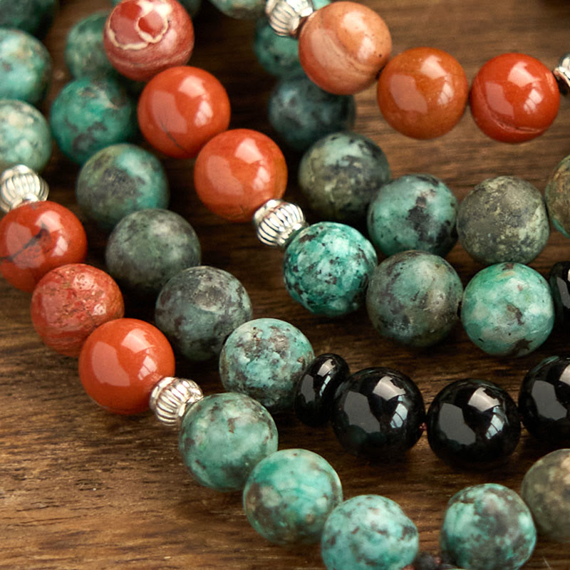 108 Mala Black Onyx Red Jasper Turquoise Bracelet – Guru bead and tassel end, traditional mala closure