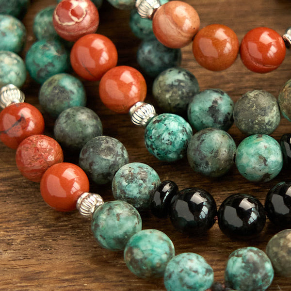 108 Mala Black Onyx Red Jasper Turquoise Bracelet – Guru bead and tassel end, traditional mala closure