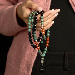 108 Mala Black Onyx Red Jasper Turquoise Bracelet – Red jasper accent beads, earthy red marbling detail