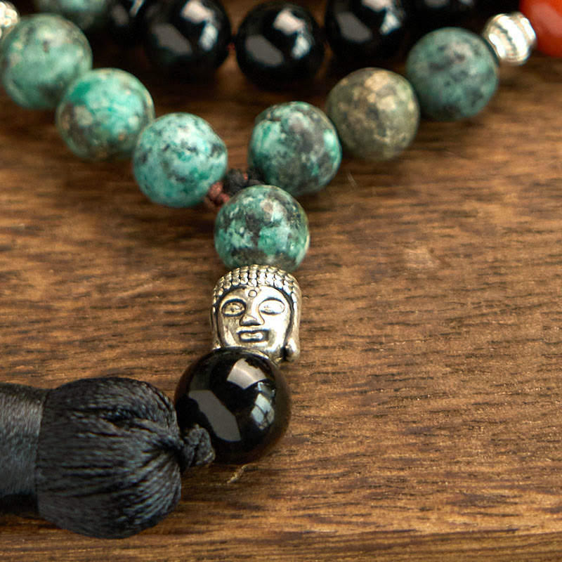 108 Mala Black Onyx Red Jasper Turquoise Bracelet – Hand held in japa meditation, prayer bead usage