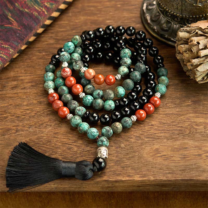 108 Mala Black Onyx Red Jasper Turquoise Bracelet – Full length laid out, 108 bead traditional mala