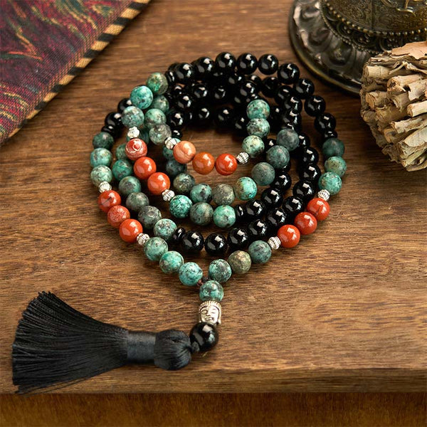 108 Mala Black Onyx Red Jasper Turquoise Bracelet – Full length laid out, 108 bead traditional mala