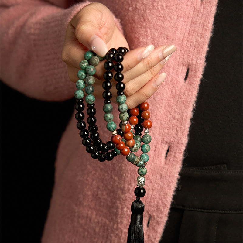 108 Mala Black Onyx Red Jasper Turquoise Bracelet – Turquoise spacer beads, natural blue green matrix