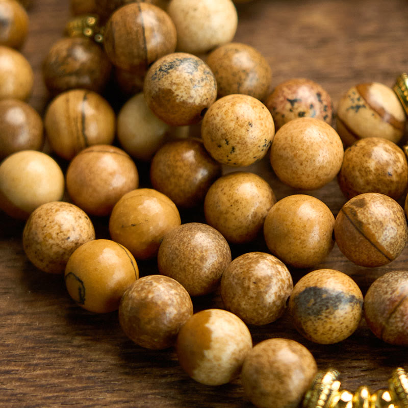 Mala Picture Jasper Lotus Bracelet - layered strands on wood, earthy grounding