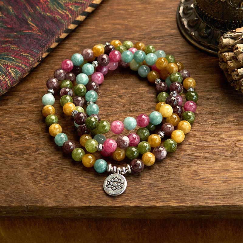 108 Mala Tourmaline Lotus Wisdom Bracelet - multicolor tourmaline beads coiled on wood, Protection