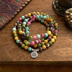 108 Mala Tourmaline Lotus Wisdom Bracelet - multicolor tourmaline beads coiled on wood, Protection