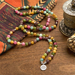 108 Mala Tourmaline Lotus Wisdom Bracelet - rainbow beads in serpentine drape, silver lotus pendant, Healing
