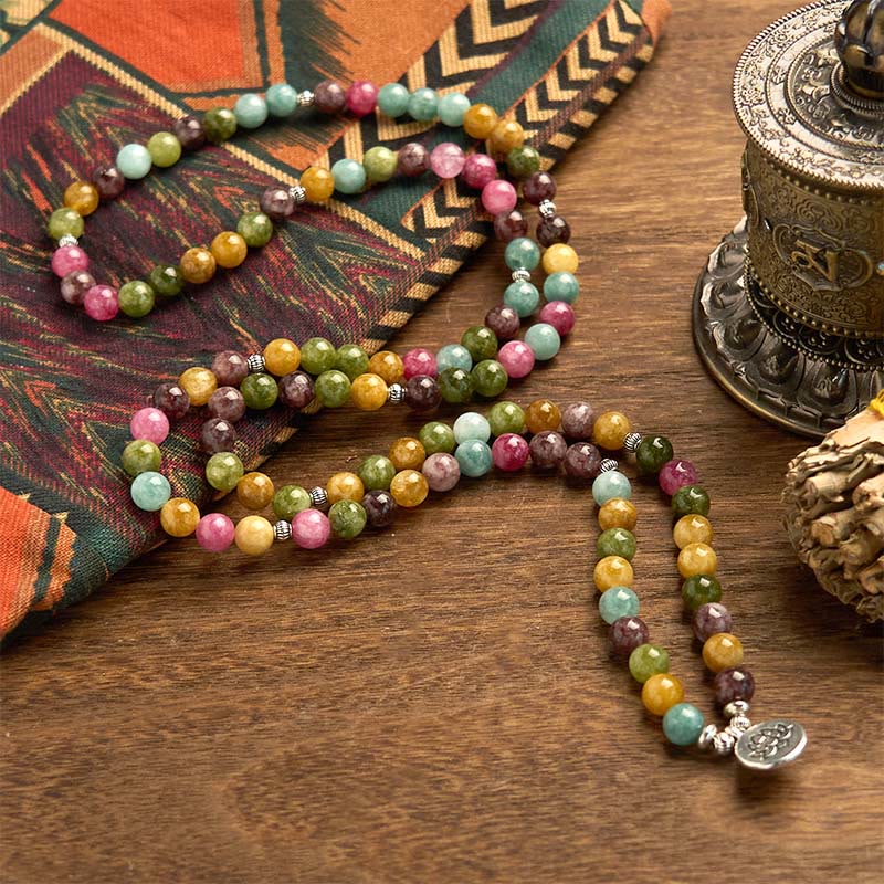 108 Mala Tourmaline Lotus Wisdom Bracelet - multiwrap loops on wood, silver guru bead and pendant, Wisdom